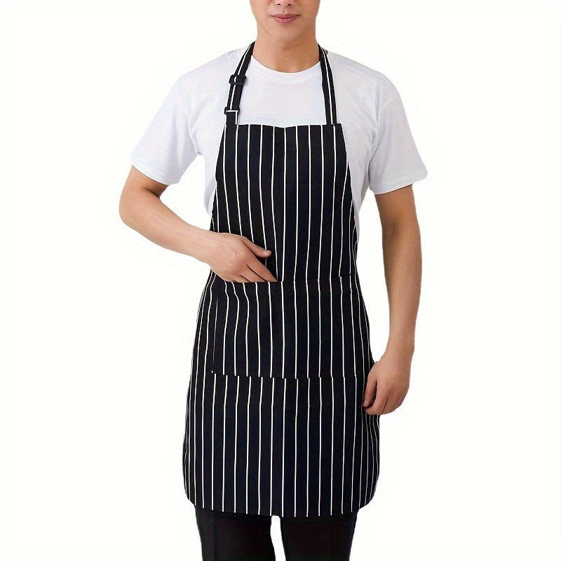 One piece of a striped chef apron designed for hotel and restaurant kitchen chef work. This apron is ideal for coffee shops, with a long neck hanging design to prevent stains and keep kitchen supplies clean.