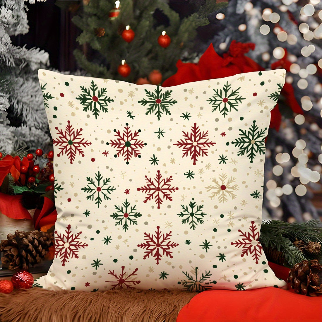 1pc Christmas Red & Green Snowflake Velvet Throw Pillow Cover, 17.71in*17.71in, Single-Sided Print, Home Decor Cushion Case for Living Room Bedroom Sofa, Pillow Insert Not Included, Allergy-Free, Machine Washable Polyester Cover.