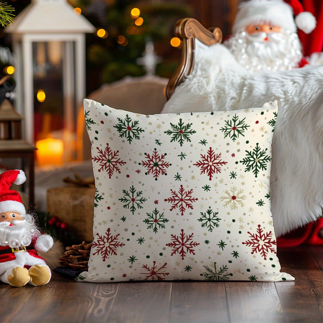 1pc Christmas Red & Green Snowflake Velvet Throw Pillow Cover, 17.71in*17.71in, Single-Sided Print, Home Decor Cushion Case for Living Room Bedroom Sofa, Pillow Insert Not Included, Allergy-Free, Machine Washable Polyester Cover.