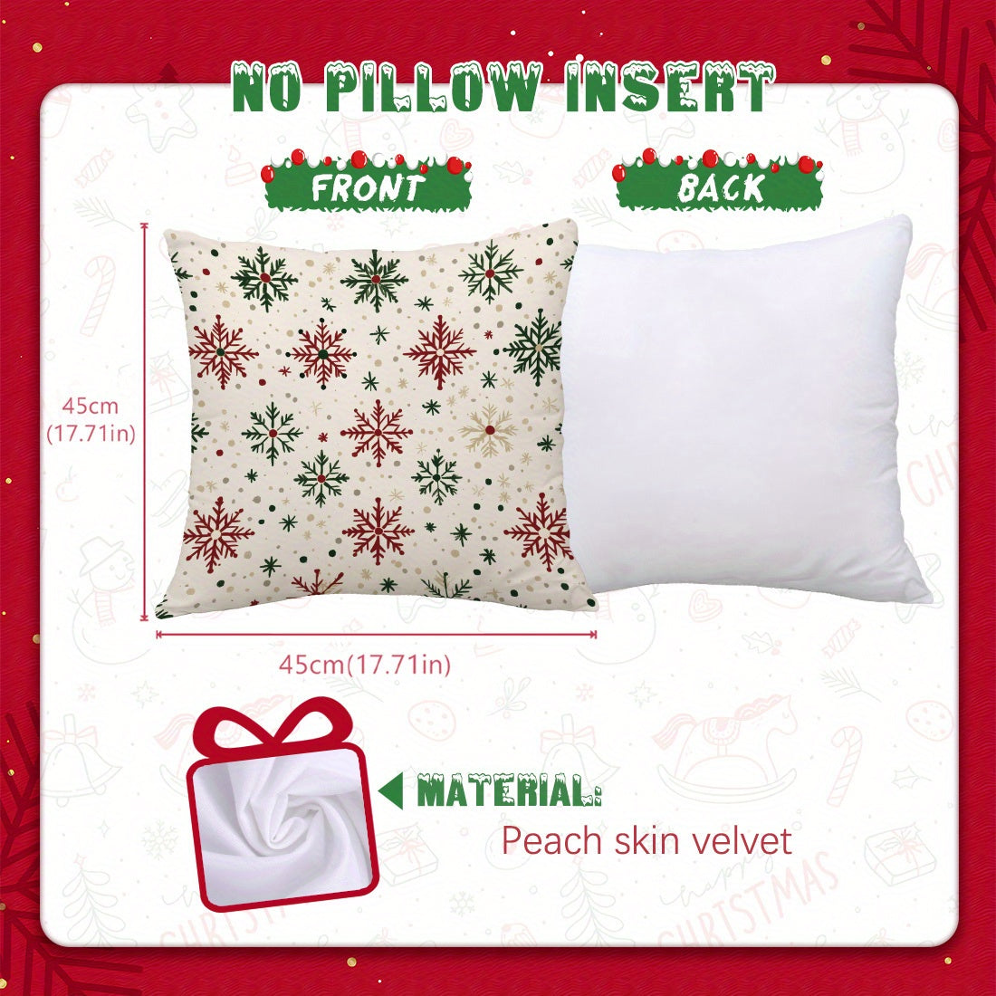 1pc Christmas Red & Green Snowflake Velvet Throw Pillow Cover, 17.71in*17.71in, Single-Sided Print, Home Decor Cushion Case for Living Room Bedroom Sofa, Pillow Insert Not Included, Allergy-Free, Machine Washable Polyester Cover.