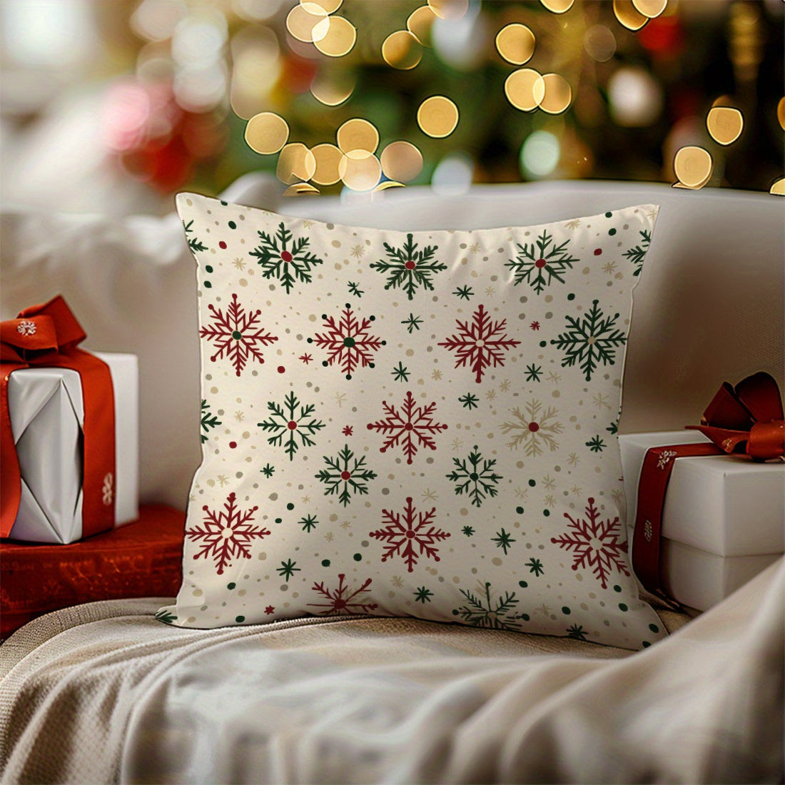 1pc Christmas Red & Green Snowflake Velvet Throw Pillow Cover, 17.71in*17.71in, Single-Sided Print, Home Decor Cushion Case for Living Room Bedroom Sofa, Pillow Insert Not Included, Allergy-Free, Machine Washable Polyester Cover.