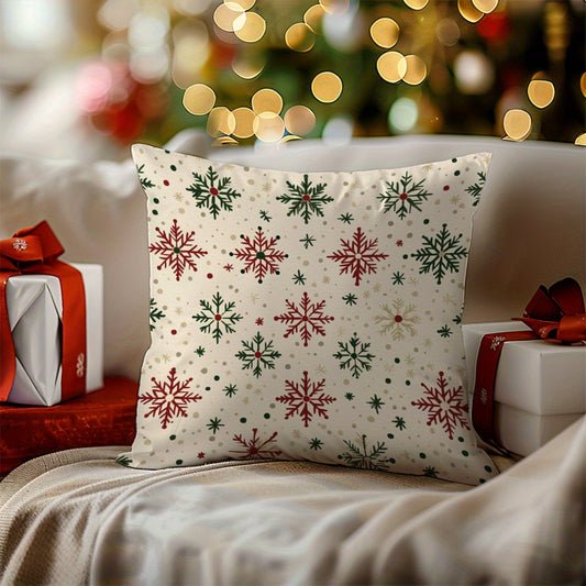 1pc Christmas Red & Green Snowflake Velvet Throw Pillow Cover, 17.71in*17.71in, Single-Sided Print, Home Decor Cushion Case for Living Room Bedroom Sofa, Pillow Insert Not Included, Allergy-Free, Machine Washable Polyester Cover.