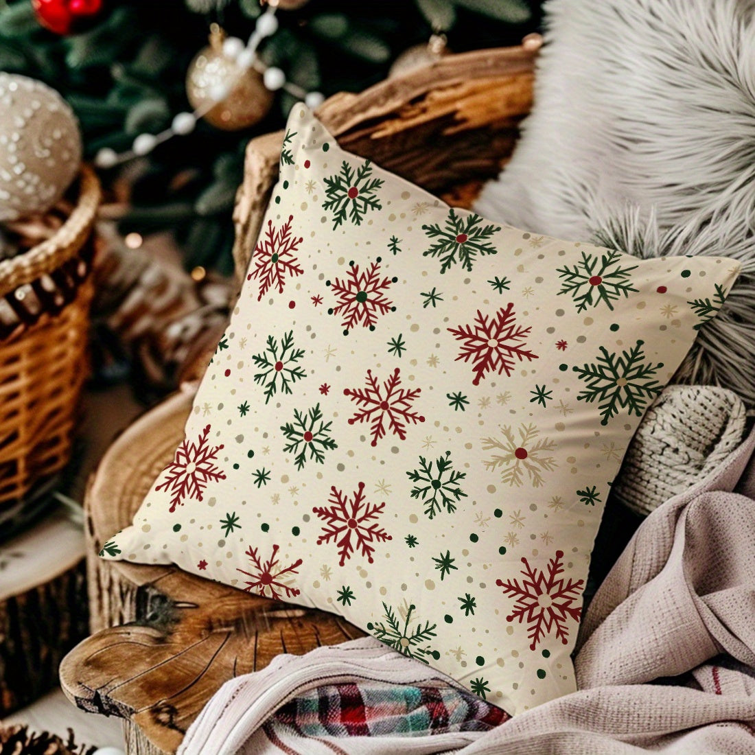 1pc Christmas Red & Green Snowflake Velvet Throw Pillow Cover, 17.71in*17.71in, Single-Sided Print, Home Decor Cushion Case for Living Room Bedroom Sofa, Pillow Insert Not Included, Allergy-Free, Machine Washable Polyester Cover.