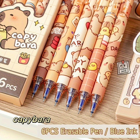 6-Pack Capybara Theme Erasable Gel Pens with retractable design, blue ink, smooth writing, quick-drying, perfect for school and office use.