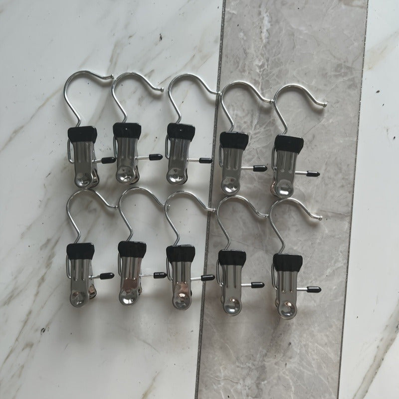 10-pack of stainless steel utility hooks for easy clothes organization in closets, laundry rooms, and homes. Rust-resistant, space-efficient, and durable.