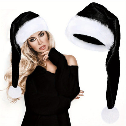 1 Extra Long Plush Santa Hat in Red or Black, Universal Holiday Decor with Pom-Poms, Perfect for New Year's Celebrations.