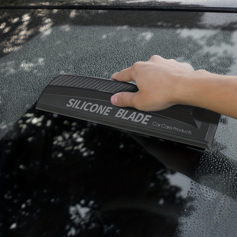 Flexible silicone car water squeegee for streak-free drying and winter car care.