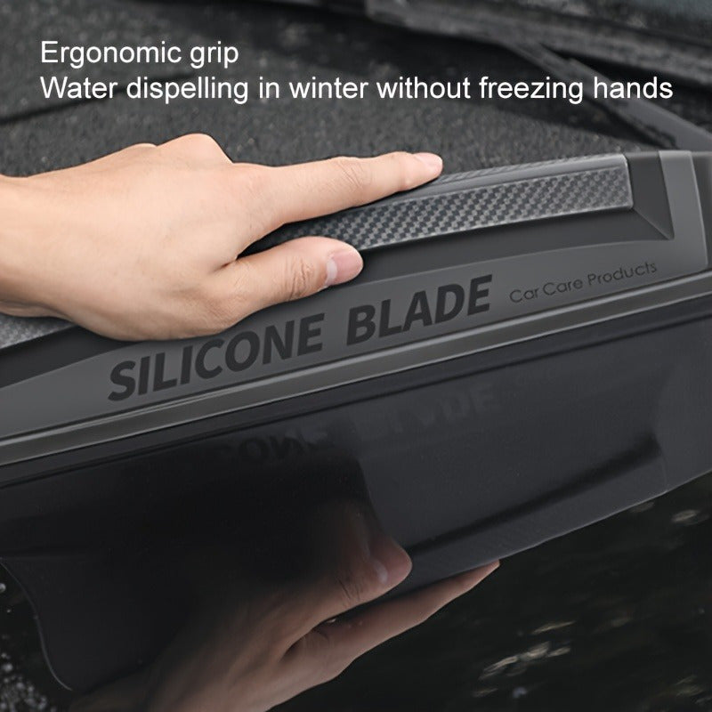 Flexible silicone car water squeegee for streak-free drying and winter car care.