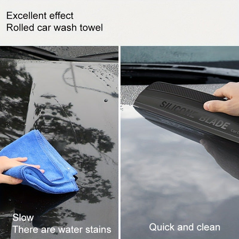 Flexible silicone car water squeegee for streak-free drying and winter car care.