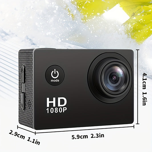 Fullicam HD sports camera with 1080P resolution, image stabilization, wide angle lens, manual exposure control, MP4 format, rechargeable battery, and accessory kit.