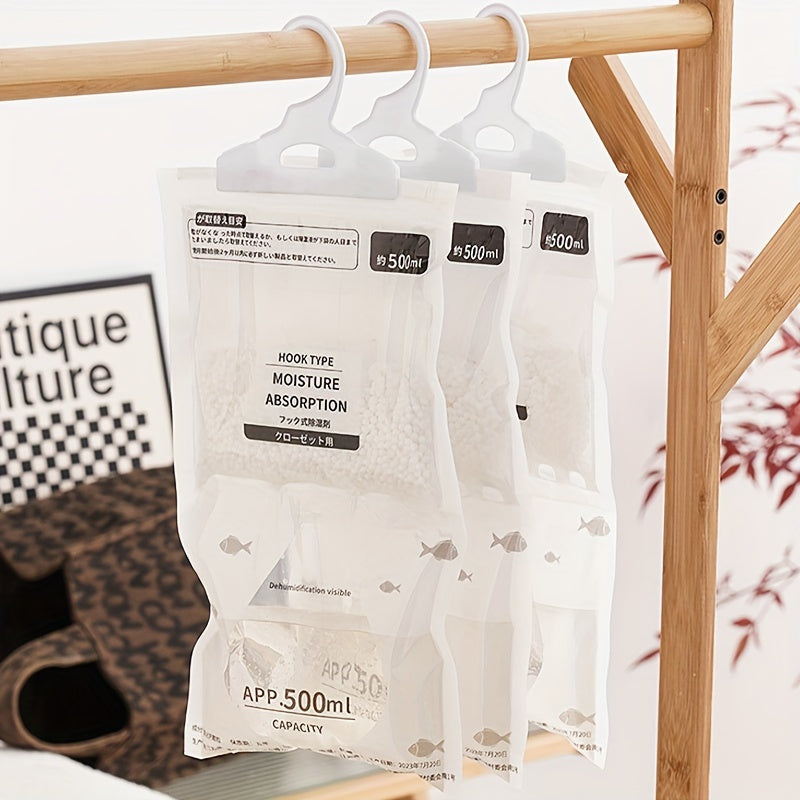 Large dehumidifier bags prevent mildew in wardrobes, closets, and storage rooms. 500ml capacity, transparent with black labels. Laundry room accessory for moisture absorption. Nonelectric design eliminates moisture in the house.