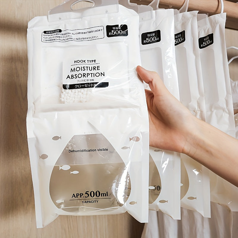 Large dehumidifier bags prevent mildew in wardrobes, closets, and storage rooms. 500ml capacity, transparent with black labels. Laundry room accessory for moisture absorption. Nonelectric design eliminates moisture in the house.