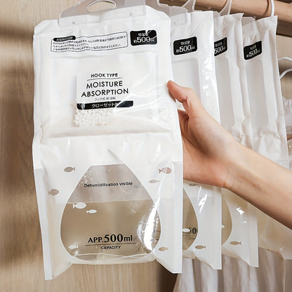 Large dehumidifier bags prevent mildew in wardrobes, closets, and storage rooms. 500ml capacity, transparent with black labels. Laundry room accessory for moisture absorption. Nonelectric design eliminates moisture in the house.