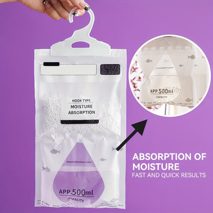 Large dehumidifier bags prevent mildew in wardrobes, closets, and storage rooms. 500ml capacity, transparent with black labels. Laundry room accessory for moisture absorption. Nonelectric design eliminates moisture in the house.