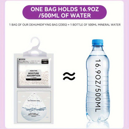 Large dehumidifier bags prevent mildew in wardrobes, closets, and storage rooms. 500ml capacity, transparent with black labels. Laundry room accessory for moisture absorption. Nonelectric design eliminates moisture in the house.