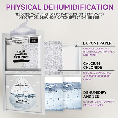 Large dehumidifier bags prevent mildew in wardrobes, closets, and storage rooms. 500ml capacity, transparent with black labels. Laundry room accessory for moisture absorption. Nonelectric design eliminates moisture in the house.