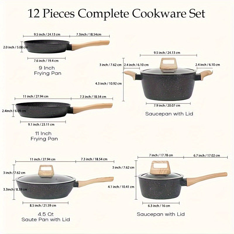 Non-Stick Cookware Set Including 12 Pots and Pans, Granite Induction Cooking Set with Frying Pan, Steamer, Silicone Spatula, and Tongs in White Color