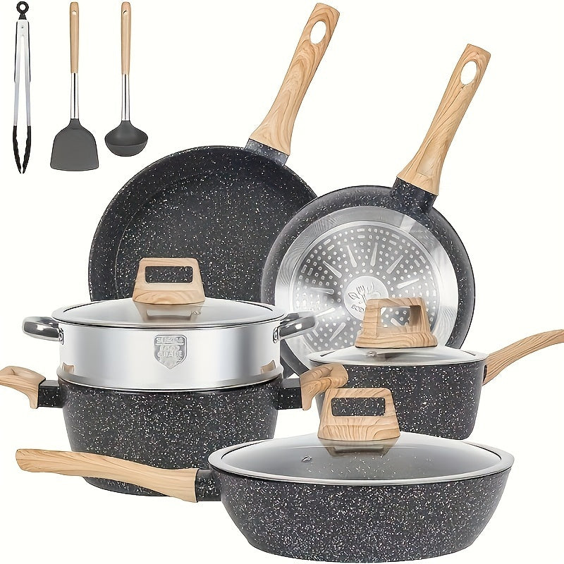 Non-Stick Cookware Set Including 12 Pots and Pans, Granite Induction Cooking Set with Frying Pan, Steamer, Silicone Spatula, and Tongs in White Color