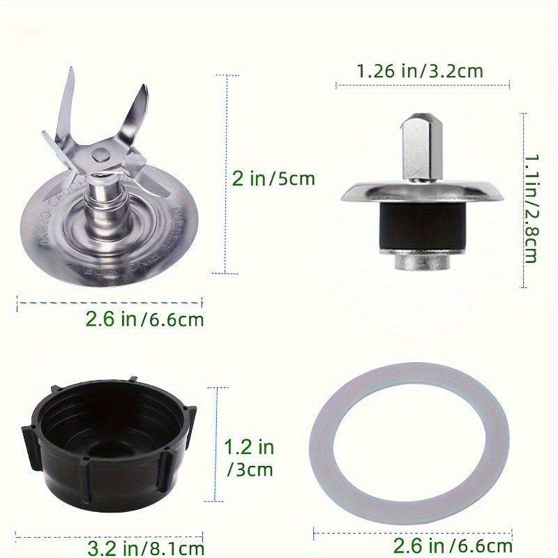 Compatible accessories kit for Oster blender replacement parts includes a 6-page stainless steel blade, metal connector, 5-claw cap, and silicone seal ring designed for Oster blender models.