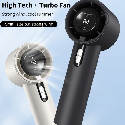 Portable Handheld Turbo Fan with Compact & Powerful Design - Equipped with 3 Adjustable Wind Speeds, USB Rechargeable Feature, LED Digital Display, and Sleek Black/White Finish. Perfect for Indoor & Outdoor Use, this Mini Fan is a must-have.