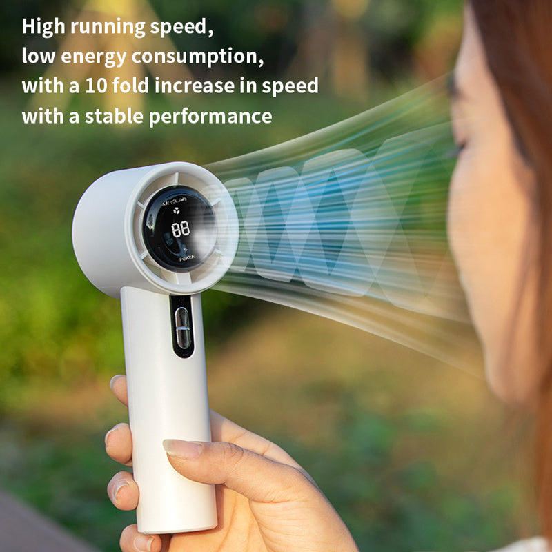 Portable Handheld Turbo Fan with Compact & Powerful Design - Equipped with 3 Adjustable Wind Speeds, USB Rechargeable Feature, LED Digital Display, and Sleek Black/White Finish. Perfect for Indoor & Outdoor Use, this Mini Fan is a must-have.