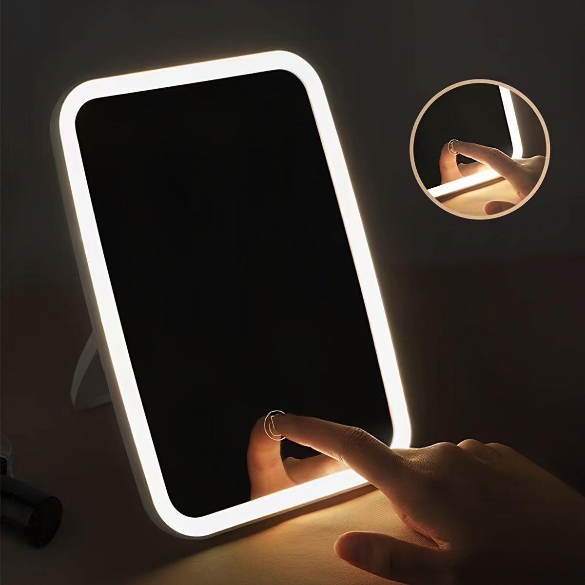 Portable folding LED makeup mirror with touch sensor, adjustable brightness, lithium battery, USB charging, and polished flower design - ideal for travel.