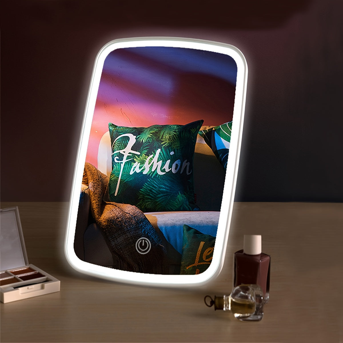 Travel friendly LED makeup mirror with touch sensor, three lighting modes, adjustable brightness, sleek design, and polished finish.