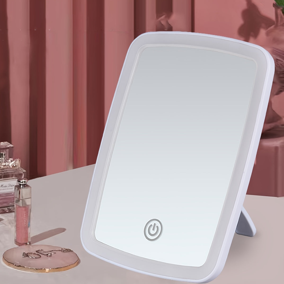 Travel friendly LED makeup mirror with touch sensor, three lighting modes, adjustable brightness, sleek design, and polished finish.