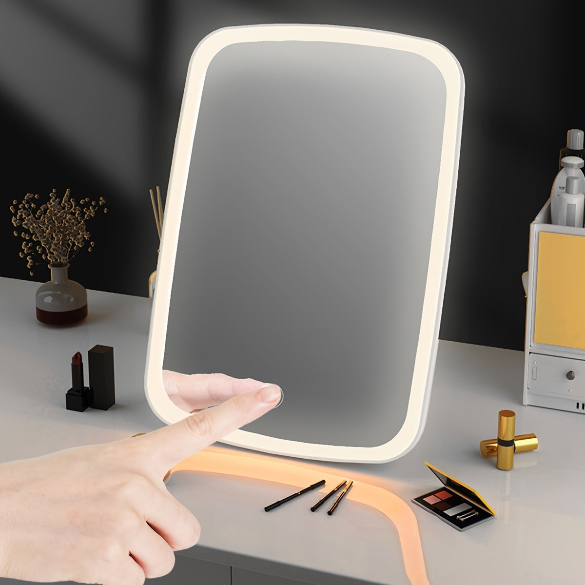 Travel friendly LED makeup mirror with touch sensor, three lighting modes, adjustable brightness, sleek design, and polished finish.