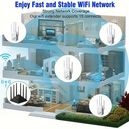 WiFi extender with 1200Mbps dual bands, strong signal penetration, supports up to 35 devices, 4 modes, easy setup, 360° coverage with ethernet port. Ideal for home, office, mall, coffee