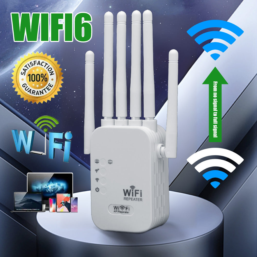 High-speed WiFi 6 router with dual Ethernet ports, 1200Mbps, six powerful antennas for strong signal reception, supports AP mode.