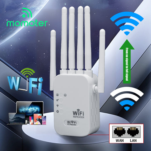 High-speed WiFi 6 router with dual Ethernet ports, 1200Mbps, six powerful antennas for strong signal reception, supports AP mode.