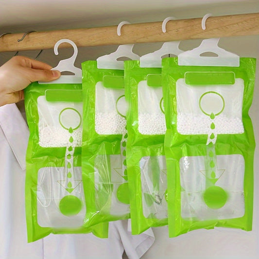 4 Green Hanging Wardrobe Dehumidifier Bags with Transparent Window, Non-Toxic Odor Eliminator for Closet, Portable & Battery-Free, Ideal for Home Use.