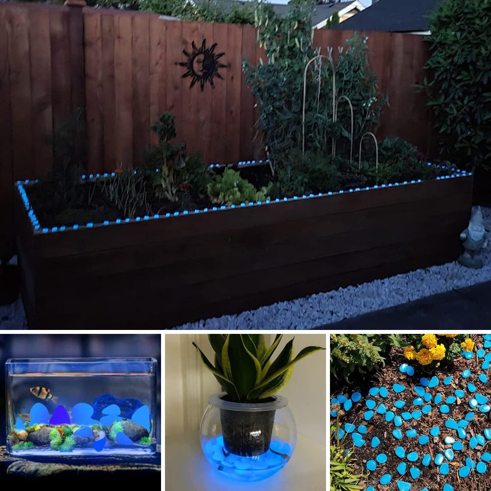 500 blue glow-in-the-dark pebbles for garden, walkway, pathway, yard decor. Magical nighttime illumination for outdoor spaces, aquariums, and landscaping. Creates enchanting atmosphere.