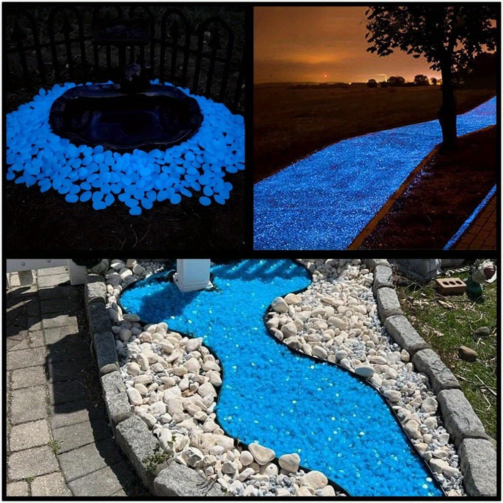 500 blue glow-in-the-dark pebbles for garden, walkway, pathway, yard decor. Magical nighttime illumination for outdoor spaces, aquariums, and landscaping. Creates enchanting atmosphere.