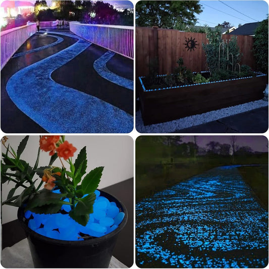 500 blue glow-in-the-dark pebbles for garden, walkway, pathway, yard decor. Magical nighttime illumination for outdoor spaces, aquariums, and landscaping. Creates enchanting atmosphere.