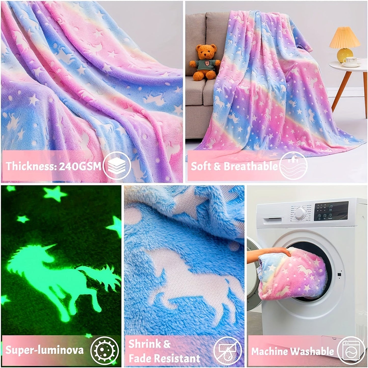 Soft and Cozy Luminous Rainbow Unicorn Flannel Blanket - Perfect for Relaxing on the Sofa, in the Office, on the Bed, or while Traveling