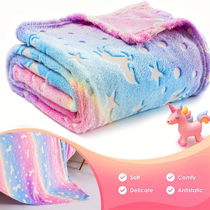 Soft and Cozy Luminous Rainbow Unicorn Flannel Blanket - Perfect for Relaxing on the Sofa, in the Office, on the Bed, or while Traveling