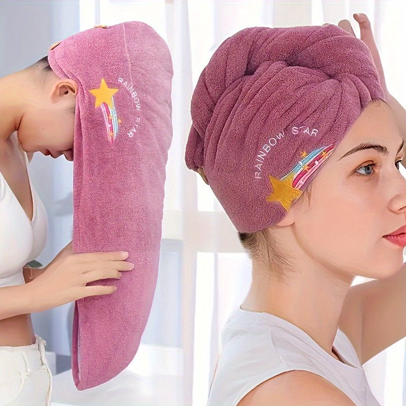 Quick-dry hair drying cap made of soft polyester with a cartoon design, highly absorbent.