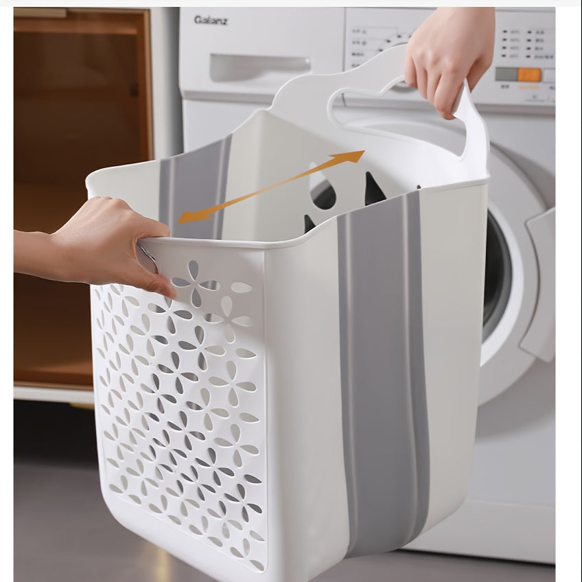 Compact Foldable Laundry Basket - Easily Mountable on Walls, No Need for Drilling, Stylish White & Grey Design, Made of Tough Plastic - Perfect for Organizing Clothes, Toys, or Snacks in Balconies or Laundry Rooms.