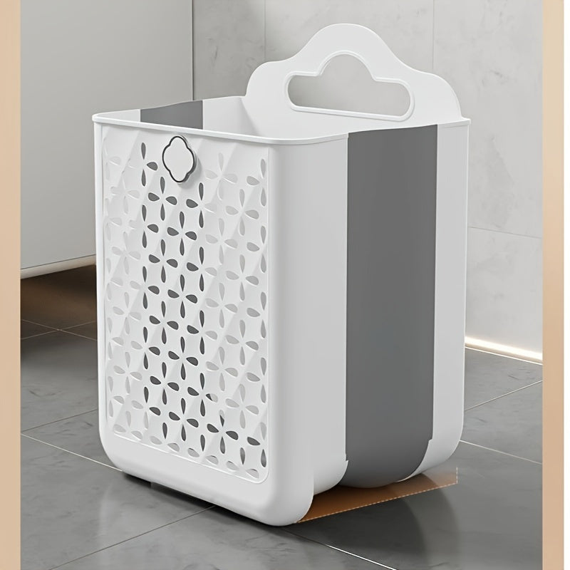 Compact Foldable Laundry Basket - Easily Mountable on Walls, No Need for Drilling, Stylish White & Grey Design, Made of Tough Plastic - Perfect for Organizing Clothes, Toys, or Snacks in Balconies or Laundry Rooms.