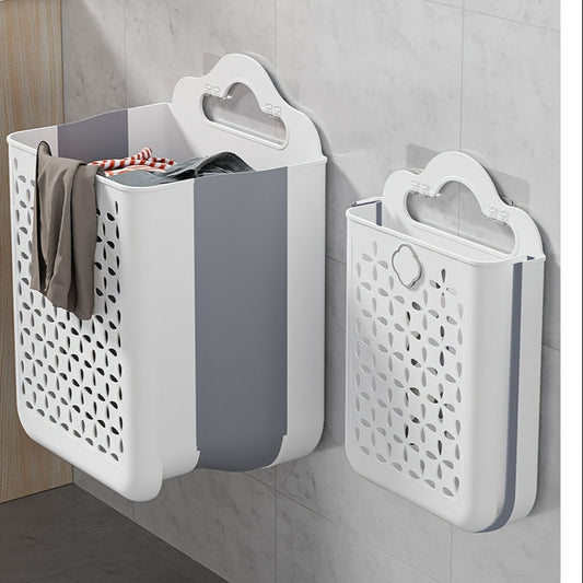 Compact Foldable Laundry Basket - Easily Mountable on Walls, No Need for Drilling, Stylish White & Grey Design, Made of Tough Plastic - Perfect for Organizing Clothes, Toys, or Snacks in Balconies or Laundry Rooms.