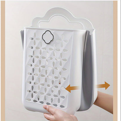 Compact Foldable Laundry Basket - Easily Mountable on Walls, No Need for Drilling, Stylish White & Grey Design, Made of Tough Plastic - Perfect for Organizing Clothes, Toys, or Snacks in Balconies or Laundry Rooms.