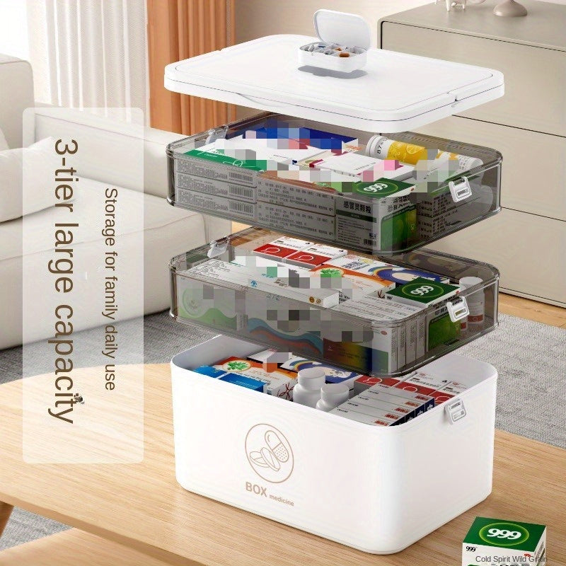 Large, durable 3-tier medicine storage container with flip top for organizing family emergency supplies.