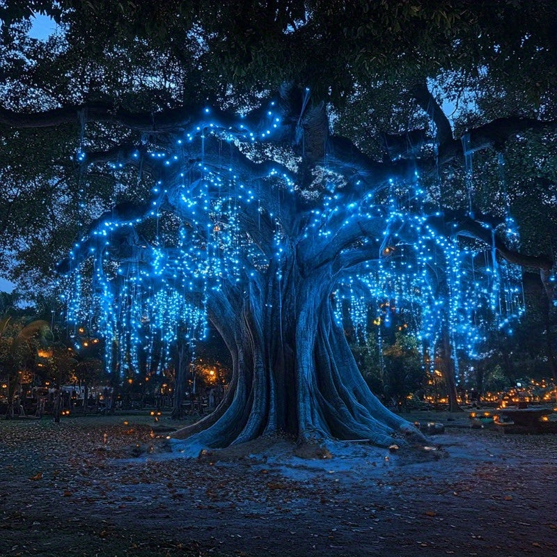 String lights featuring blue copper wire, powered by solar energy. Comes with 8 different lighting modes and is dimmable. Features a polished metal finish and a solar rechargeable lithium ion battery. Completely wireless with a plastic shade and prong