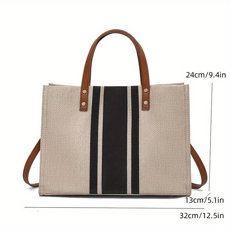 Durable and stylish striped canvas tote bag for women, perfect for work, school, and travel. Features soft handles and spacious interior with beige & black striped design. Built to last.