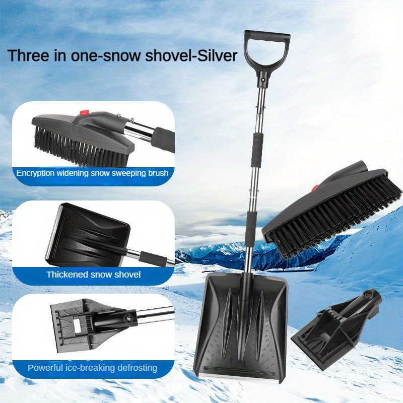 WinterMaster 3-in-1 Telescopic Car Snow Shovel with Stainless Steel Rotatable Ice Scraper and Detachable Long Grip Snow Brush. This tool is designed to efficiently remove snow without damaging your car's paint, and features an adjustable length for