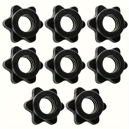 Set of 8 PVC dumbbell hex nuts with star-shaped anti-slip barbell clamps for safe weightlifting. Compatible with barbells and dumbbells, shockproof strength training accessories in black.