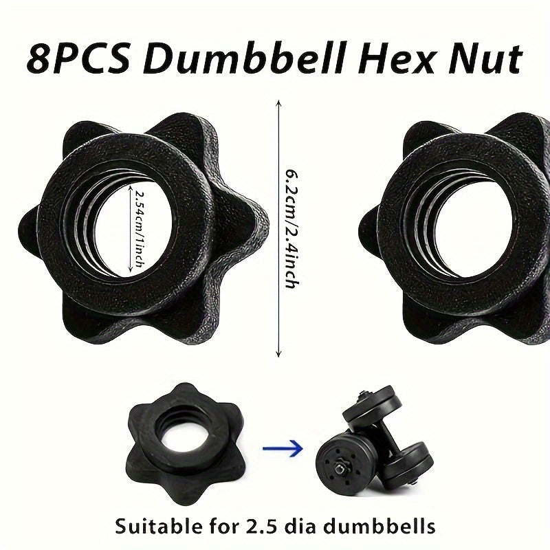 Set of 8 PVC dumbbell hex nuts with star-shaped anti-slip barbell clamps for safe weightlifting. Compatible with barbells and dumbbells, shockproof strength training accessories in black.