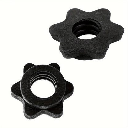 Set of 8 PVC dumbbell hex nuts with star-shaped anti-slip barbell clamps for safe weightlifting. Compatible with barbells and dumbbells, shockproof strength training accessories in black.